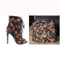 Lace up Open toe stiletto high heel camouflage ankle boots  matching purse sets shoe women boot